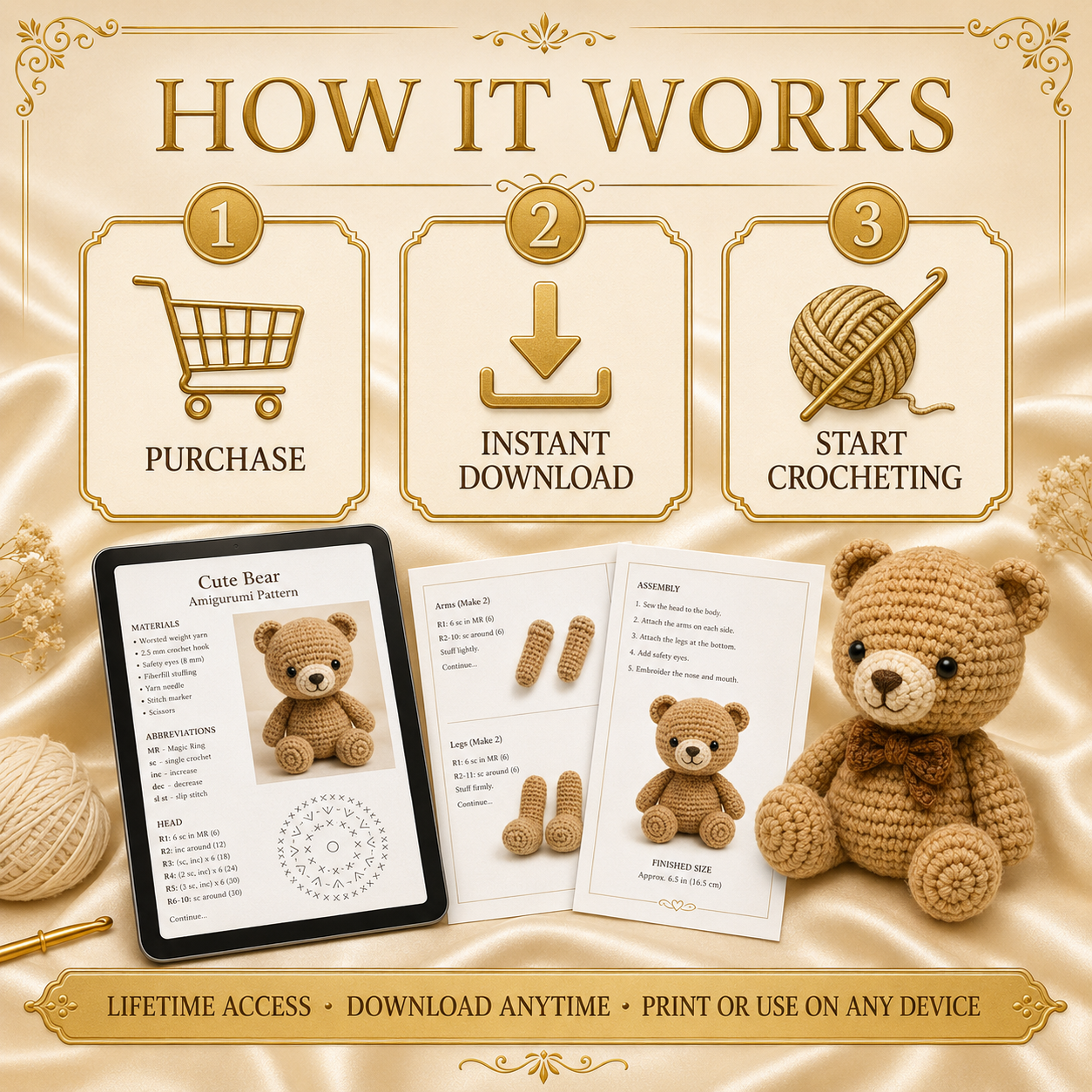 How it works: purchase, instant download, start crocheting
