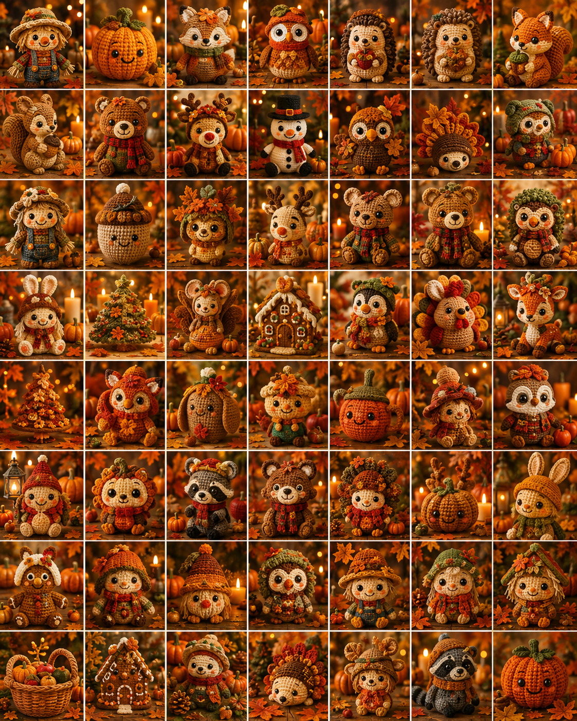 Fall amigurumi crochet patterns included in the bundle - pumpkins, foxes, owls, scarecrows, turkeys