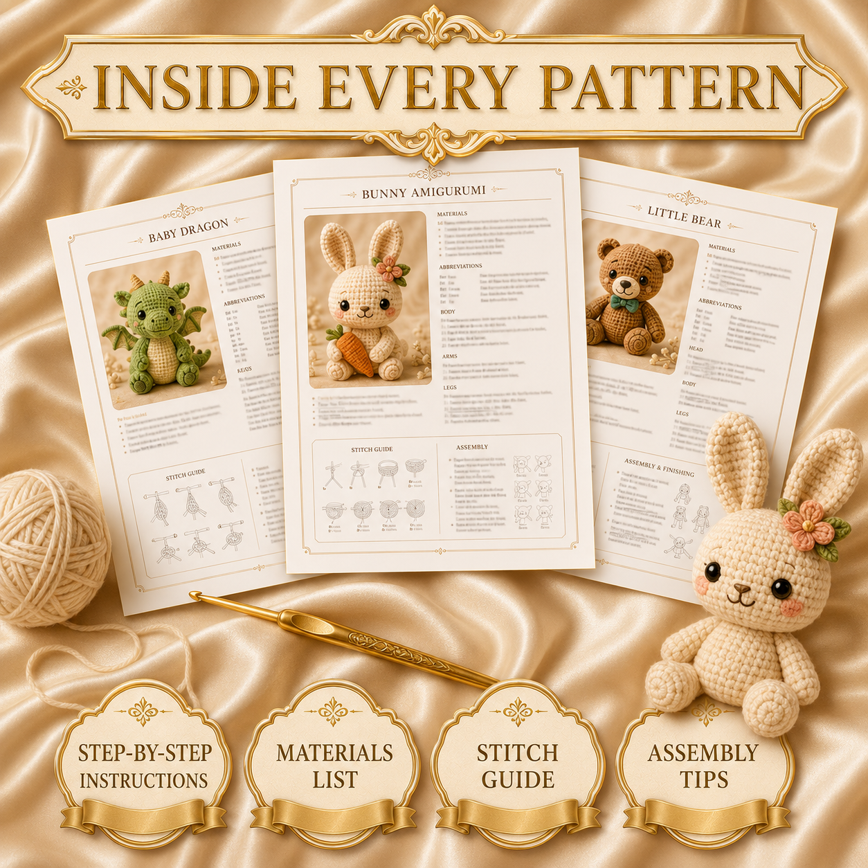 Inside every pattern: instructions, materials, stitch guide, assembly