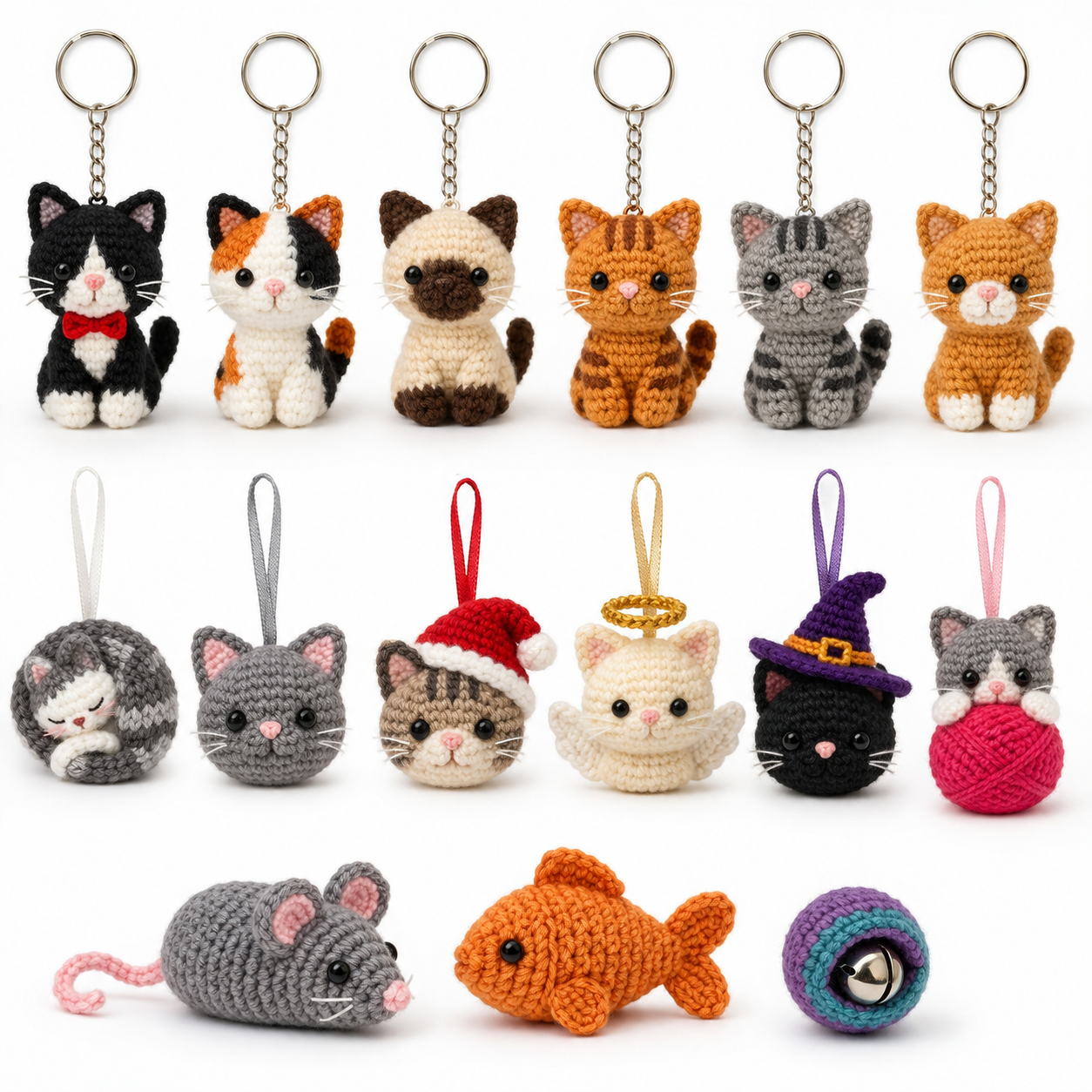 All 15 crochet cat minis: 6 keychains, 6 ornaments, 3 cat toys