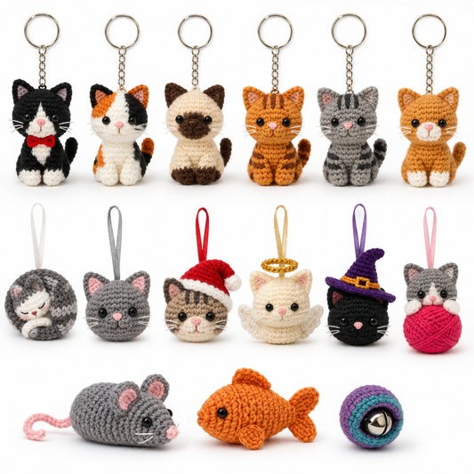 All 15 crochet cat minis: 6 keychains, 6 ornaments, 3 cat toys
