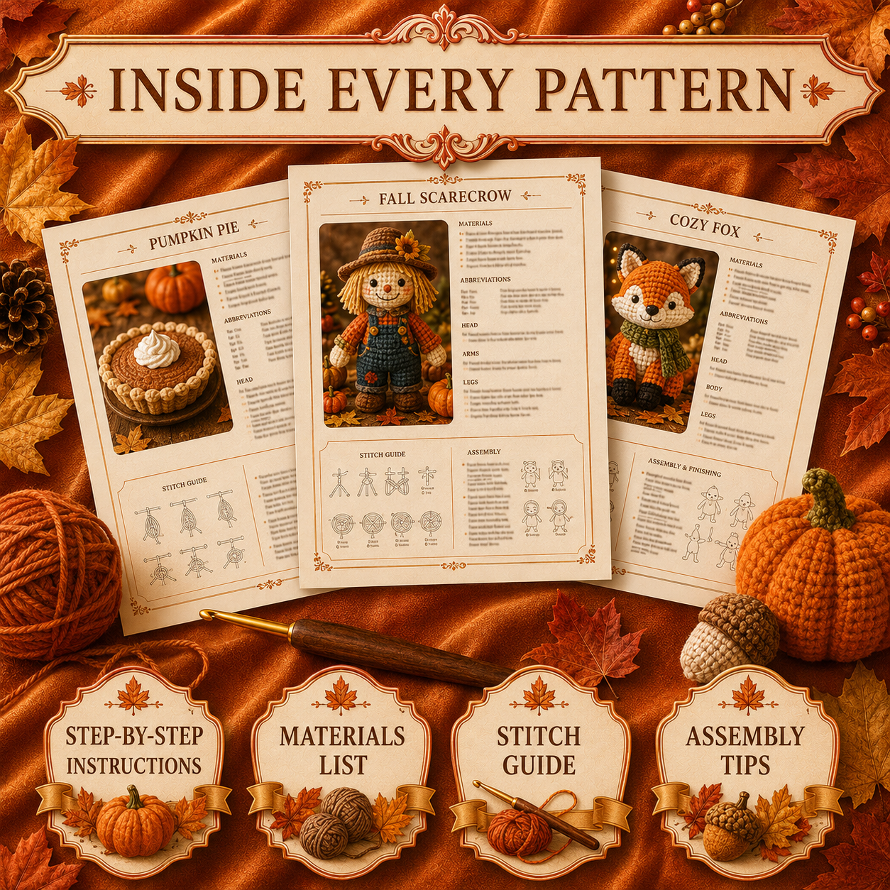 Inside every pattern: step-by-step instructions, materials list, stitch guide, assembly tips